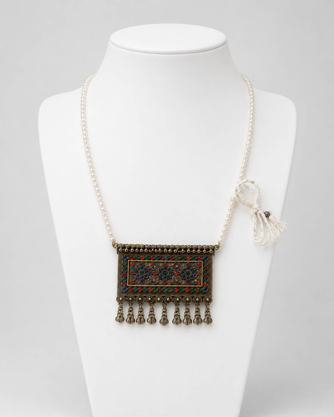 Kuchi Multicolor Pendant Necklace with Pearl Bead Chain