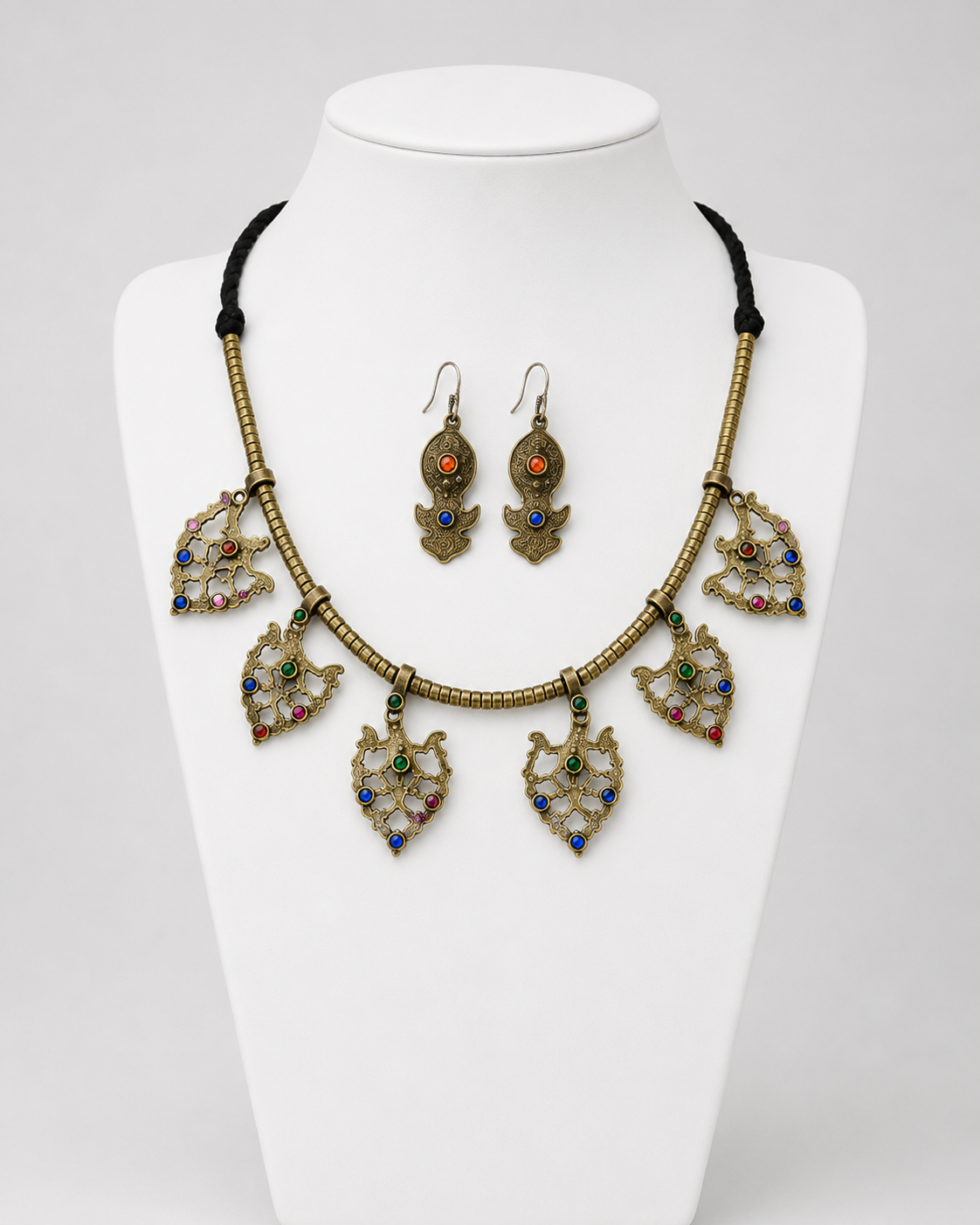 Antique Brass Leaf Charm Necklace Set with Earrings