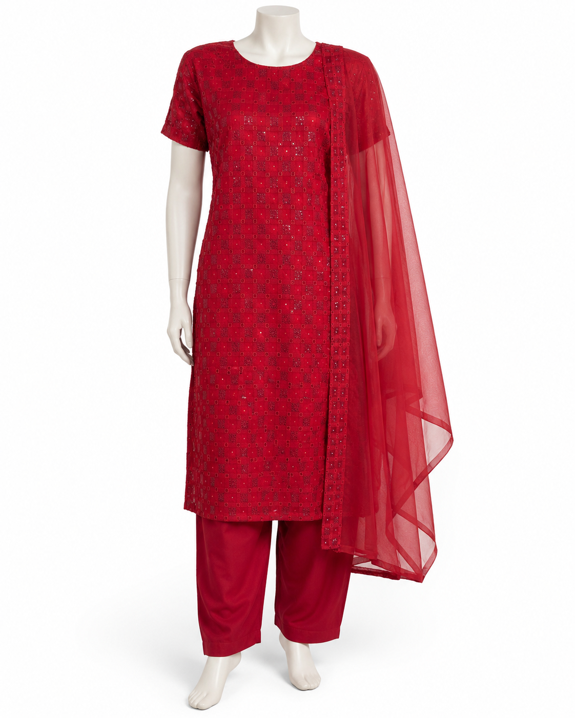 Red Sequin Embellished 3-Piece Suit with Trouser & Dupatta