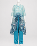 Sky Blue Floral Printed Long Shirt with Turquoise Trouser