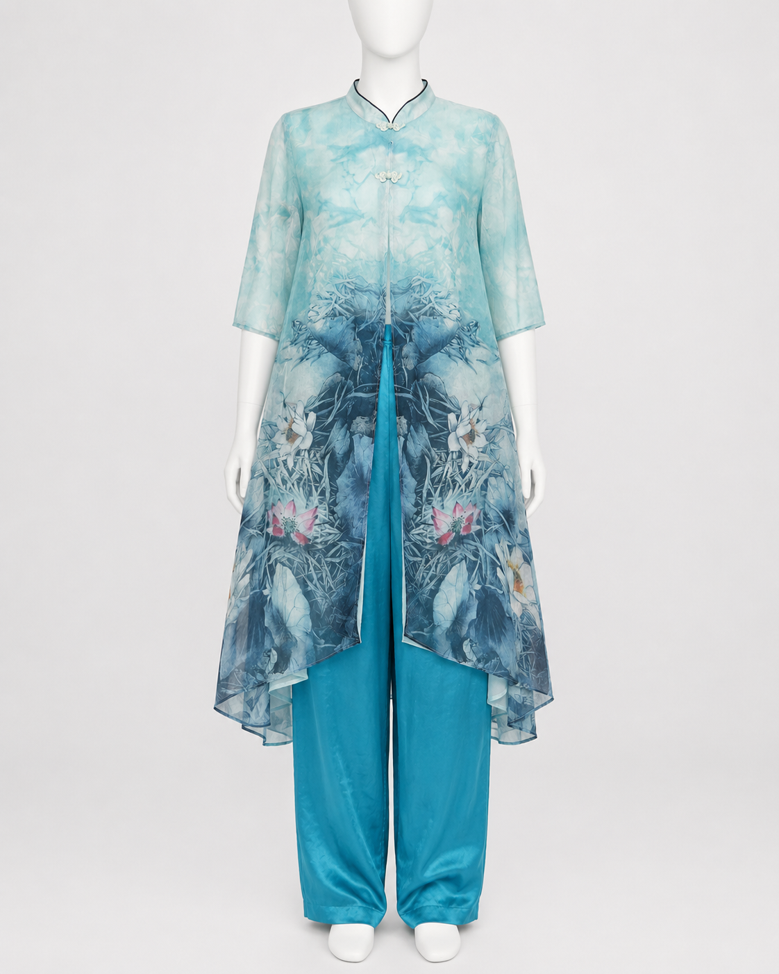 Sky Blue Floral Printed Long Shirt with Turquoise Trouser
