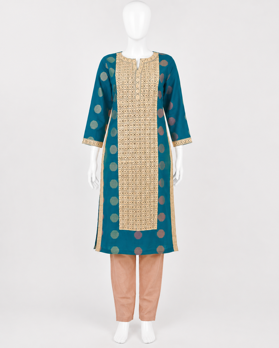 Teal Blue Embroidered Kurta with Peach Trouser