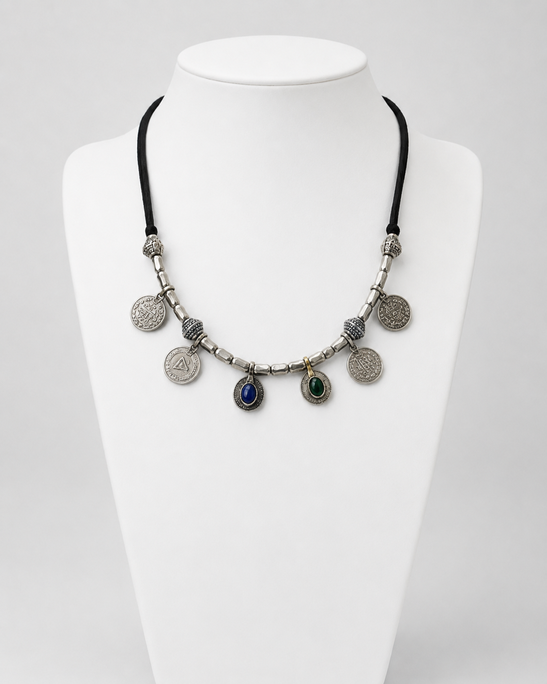 Boho Tribal Coin Necklace with Stone Accents