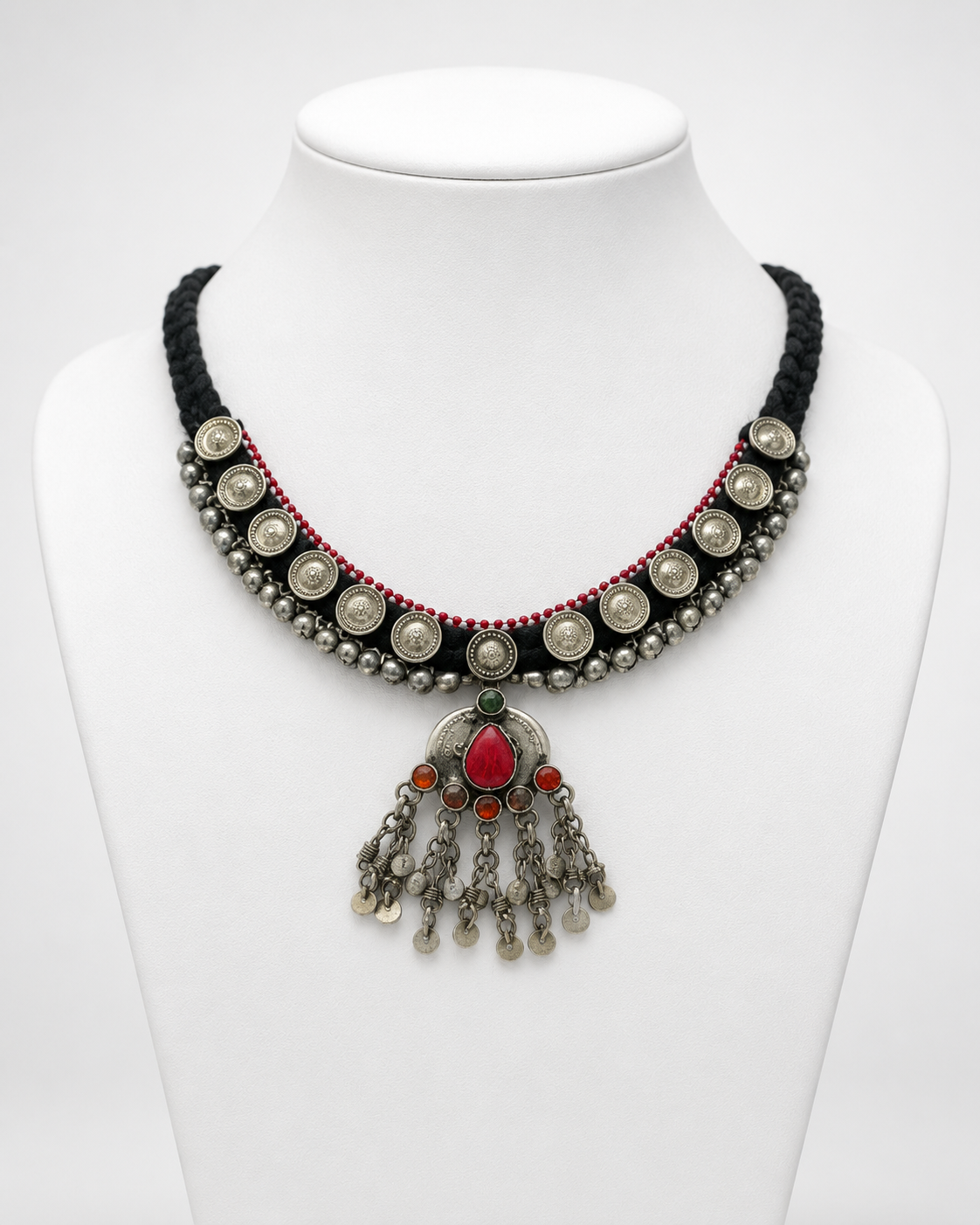 Antique Tribal Choker Necklace with Red Stone Pendant