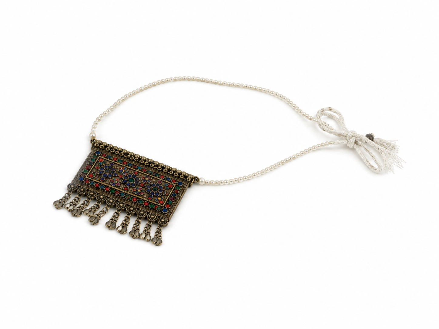 Kuchi Multicolor Pendant Necklace with Pearl Bead Chain