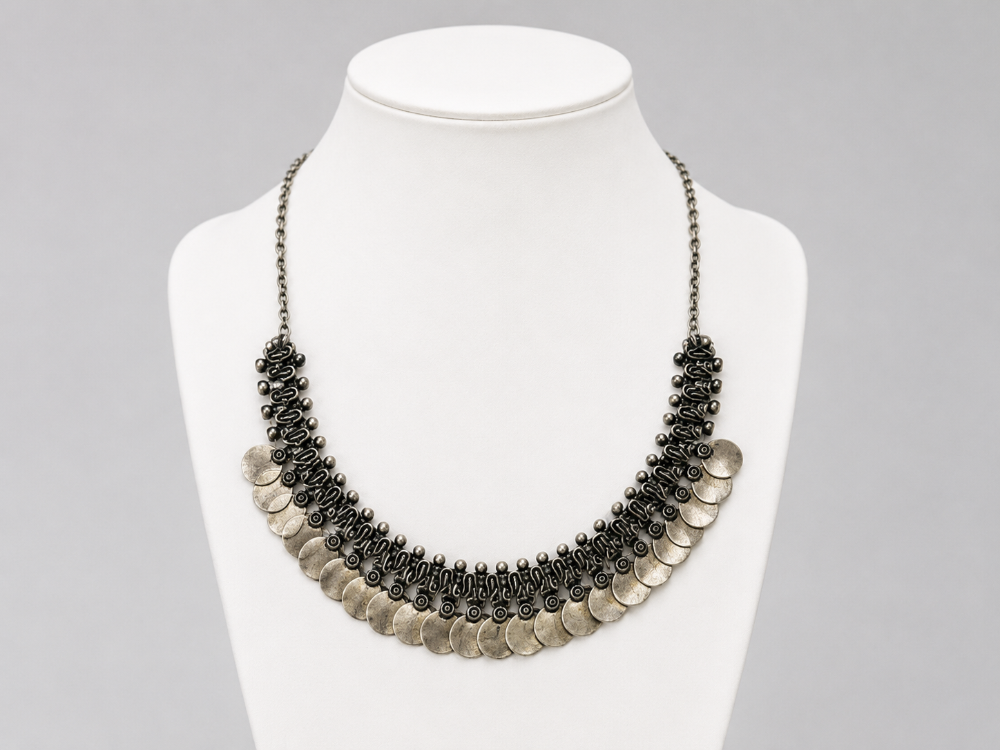 Oxidized Silver Coin Fringe Choker Necklace