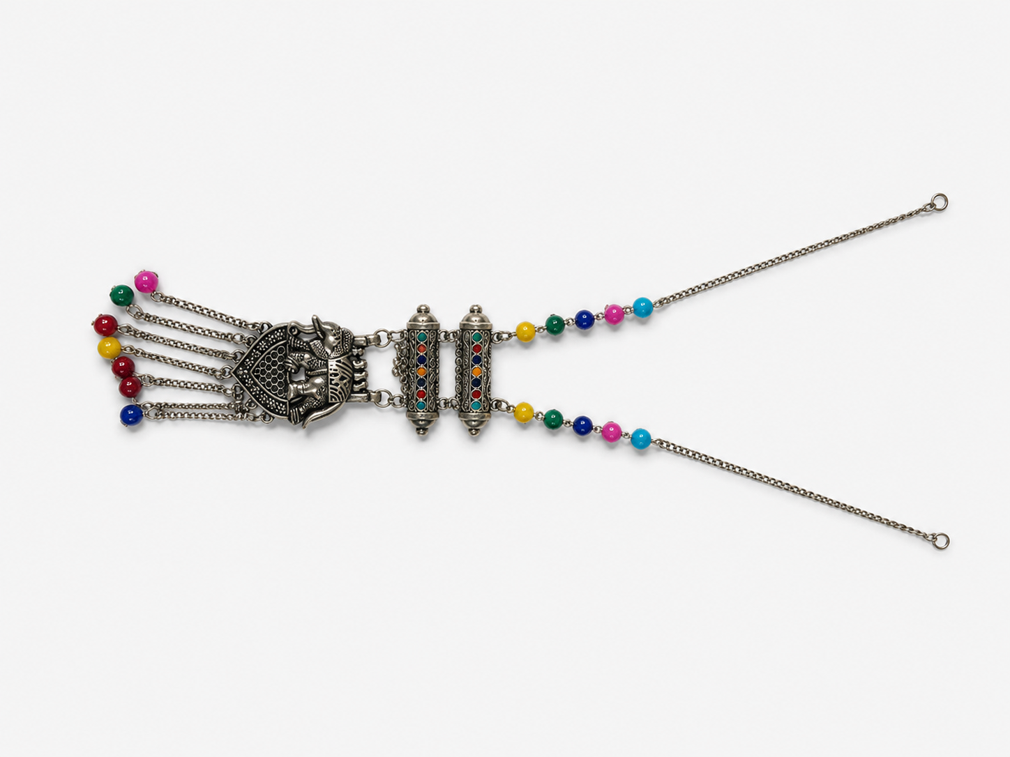 Afghani-Inspired Oxidized Elephant Braid Ornament with Multicolor Beads
