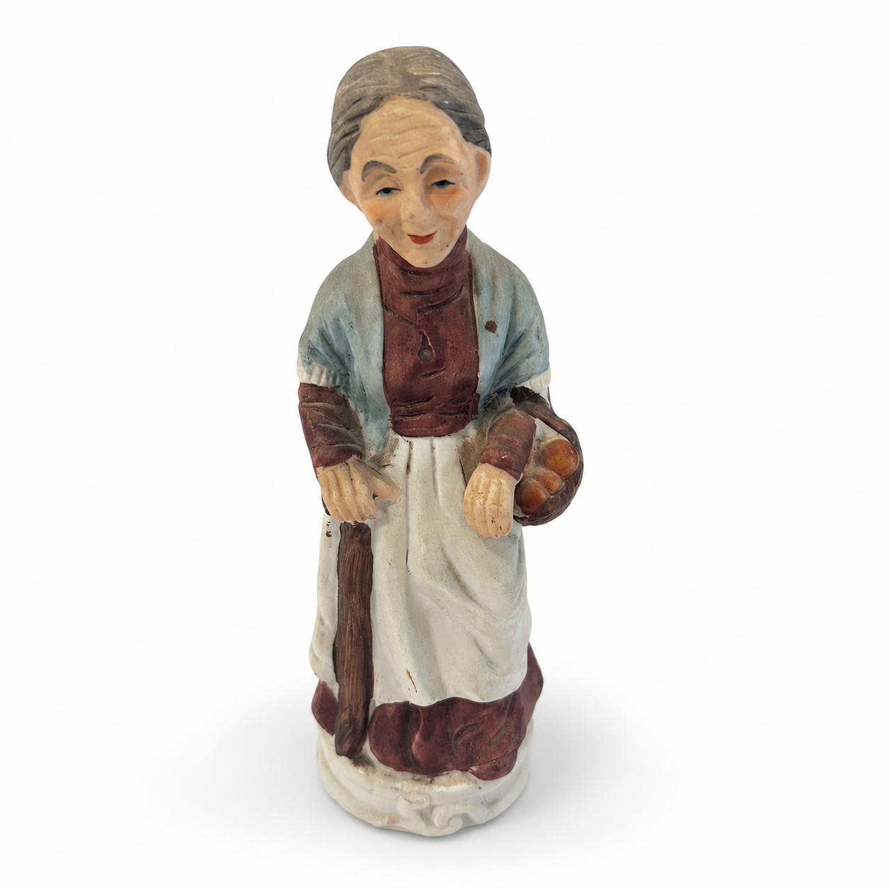 Vintage Elderly Lady Figurine with Basket & Cane